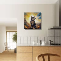 chat mignon, fleurs jaunes et papillons