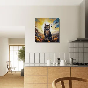 chat mignon, fleurs jaunes et papillons