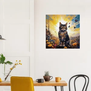 chat mignon, fleurs jaunes et papillons