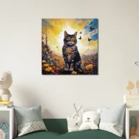 chat mignon, fleurs jaunes et papillons