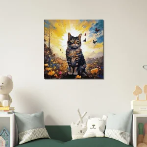 chat mignon, fleurs jaunes et papillons