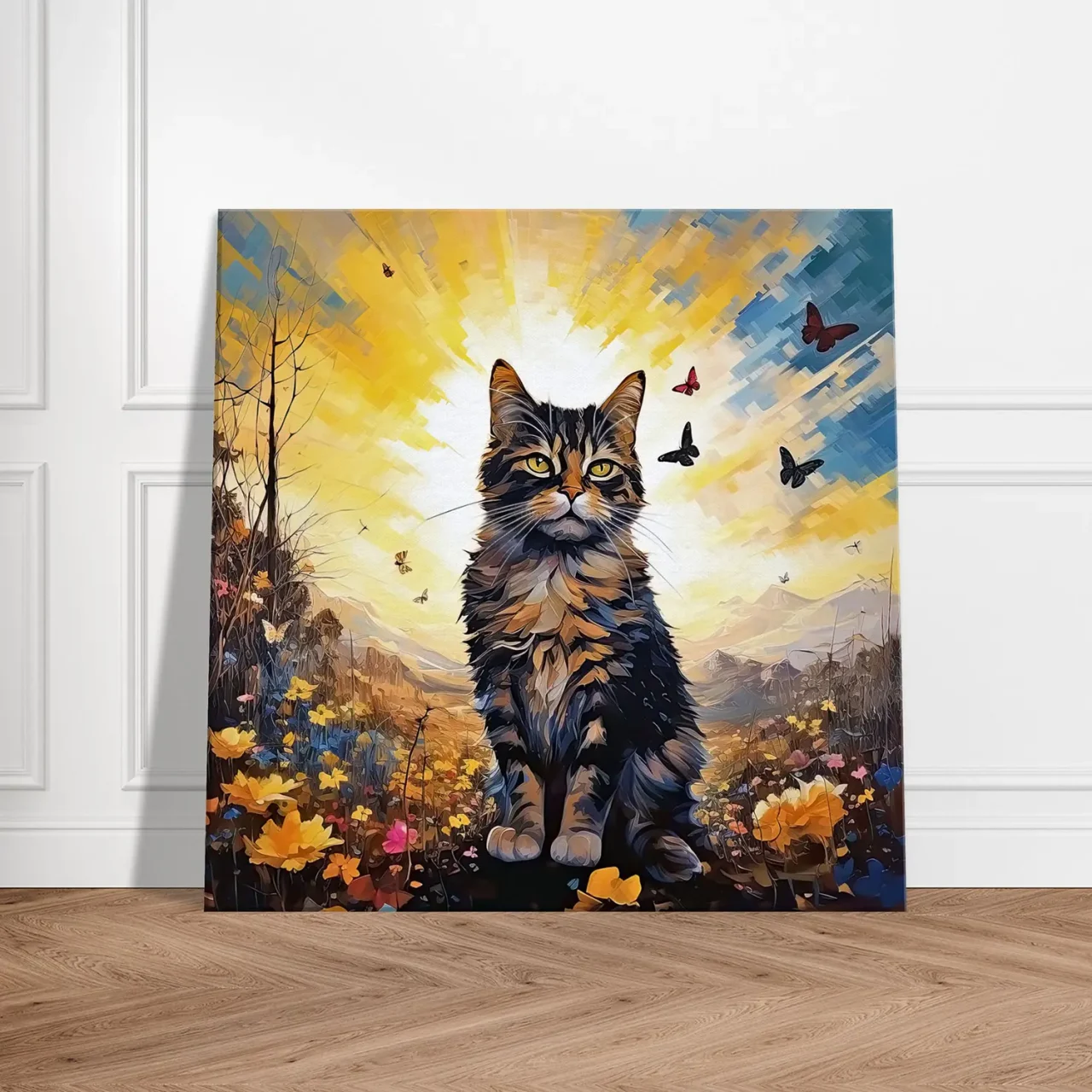 chat mignon, fleurs jaunes et papillons