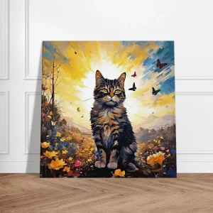 chat mignon, fleurs jaunes et papillons