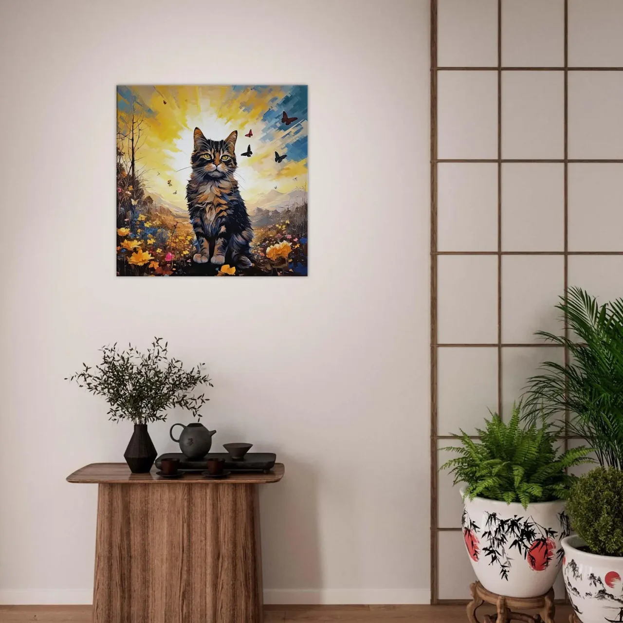 chat mignon, fleurs jaunes et papillons