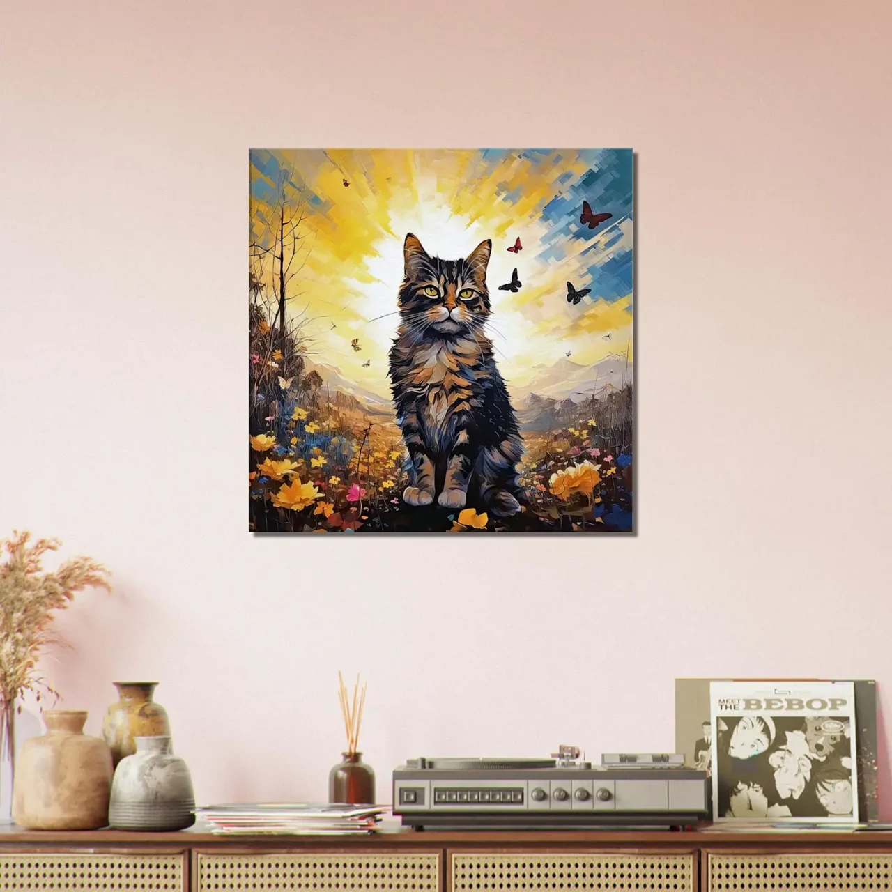 chat mignon, fleurs jaunes et papillons