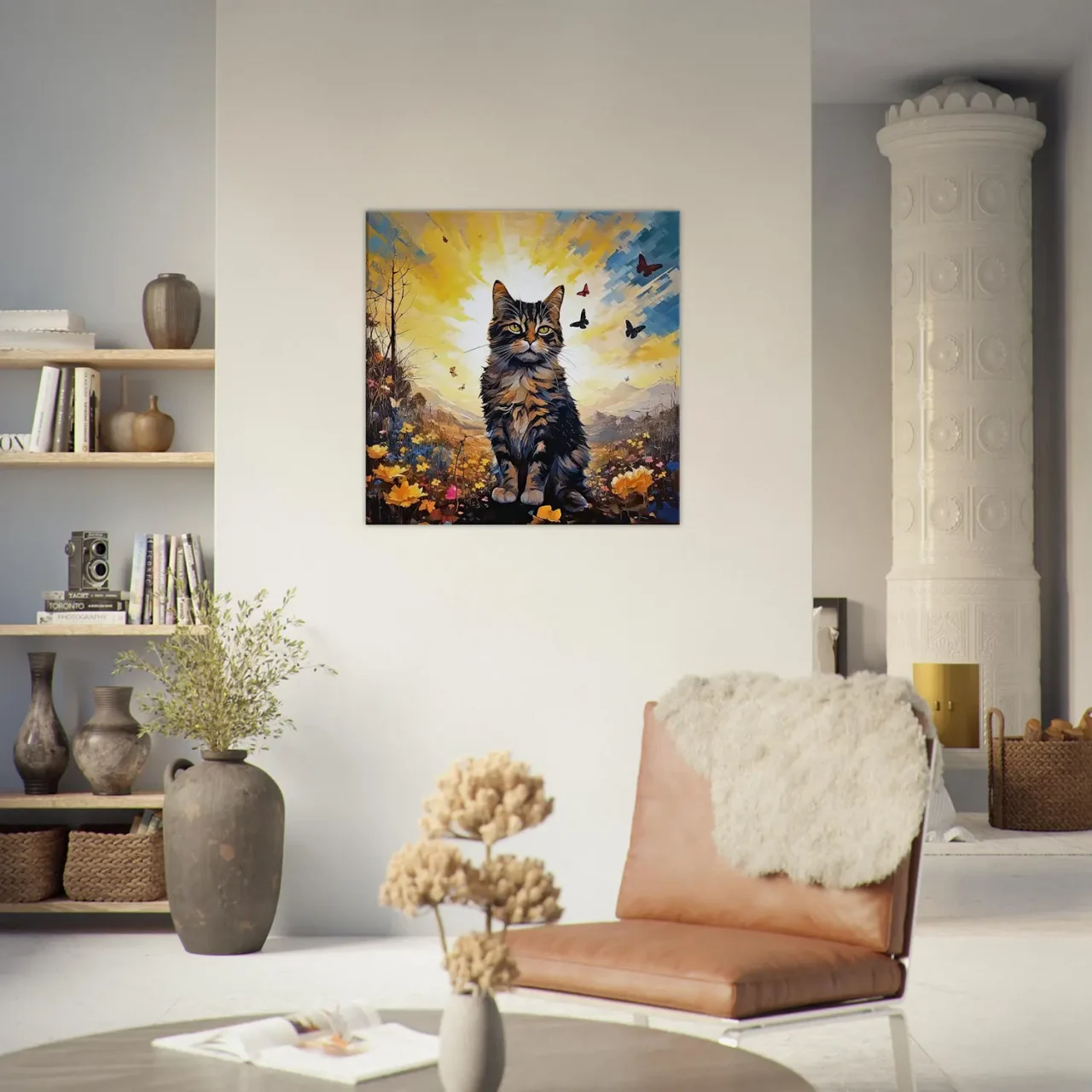 chat mignon, fleurs jaunes et papillons