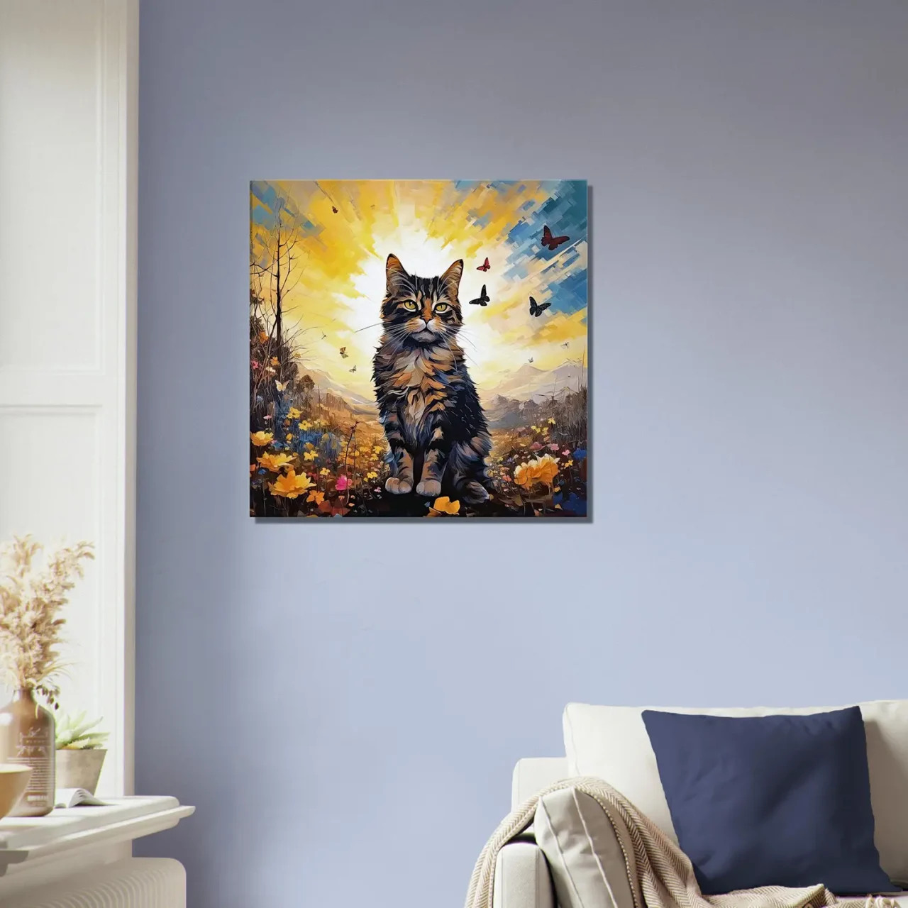 chat mignon, fleurs jaunes et papillons