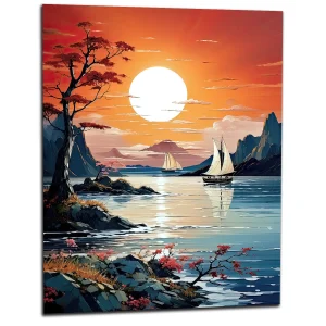 Tableau Coucher de soleil sur voiliers en Asie