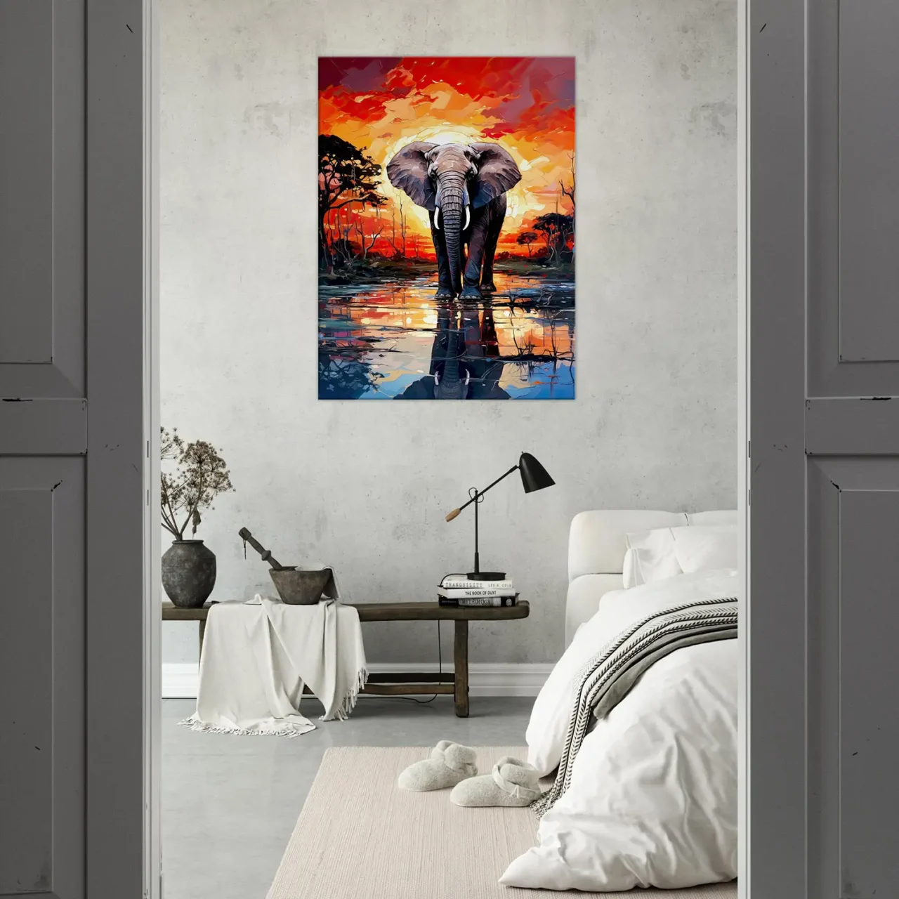 elephant dans la savane au coucher du soleil