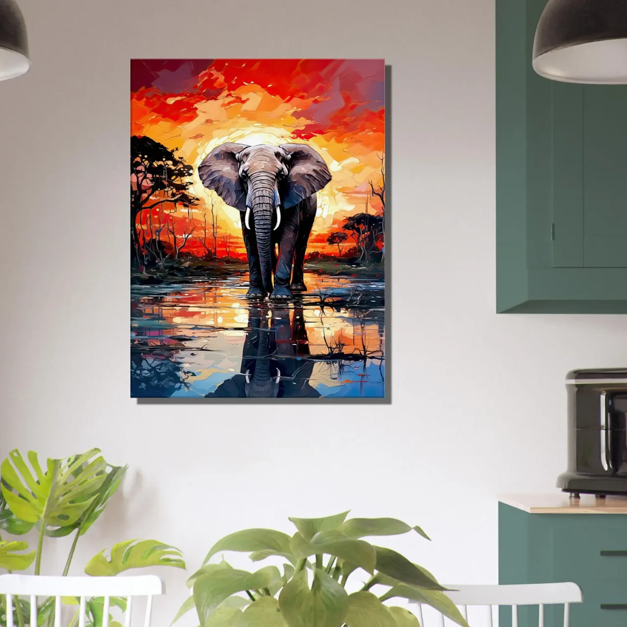 elephant dans la savane au coucher du soleil