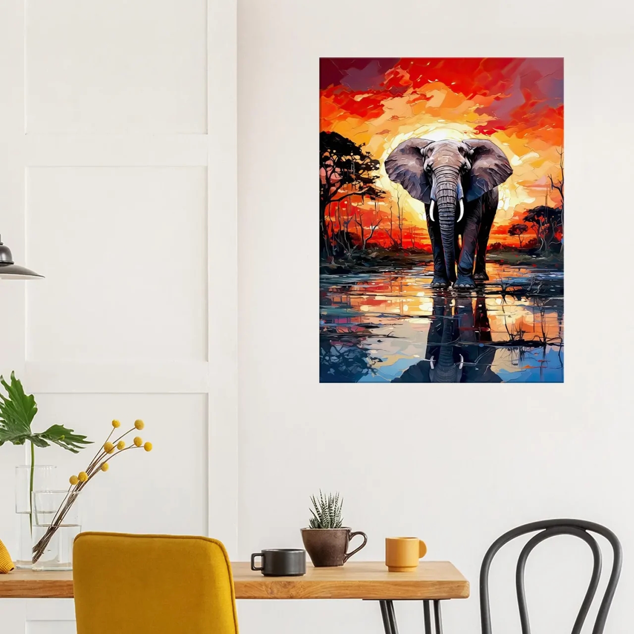 elephant dans la savane au coucher du soleil