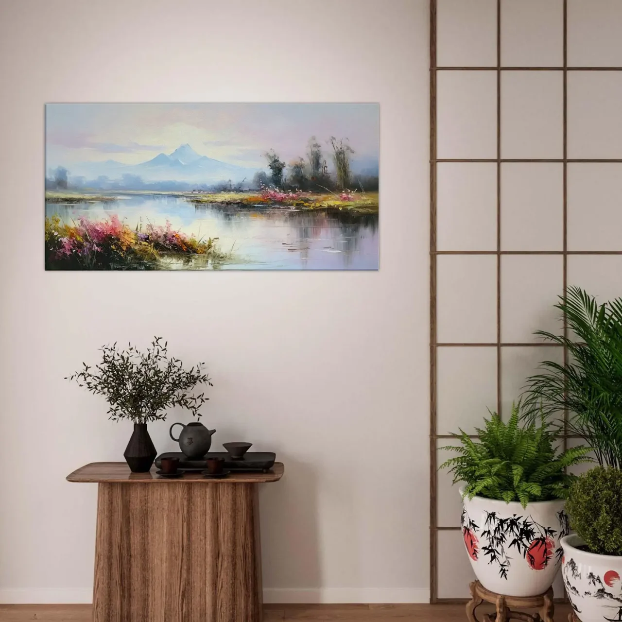 lac, fleurs et montagnes style delacroix