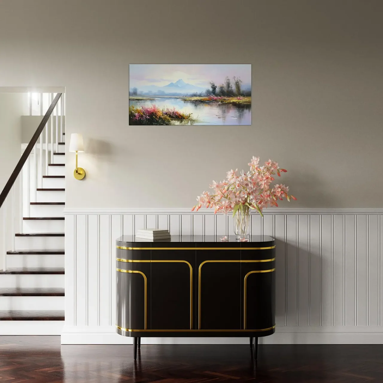 lac, fleurs et montagnes style delacroix