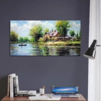 Peinture Paysage de campagne style Camille Pissarro paysage lac et maison de campagne camille pissaro