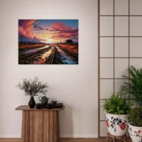 paysage rails et coucher de soleil