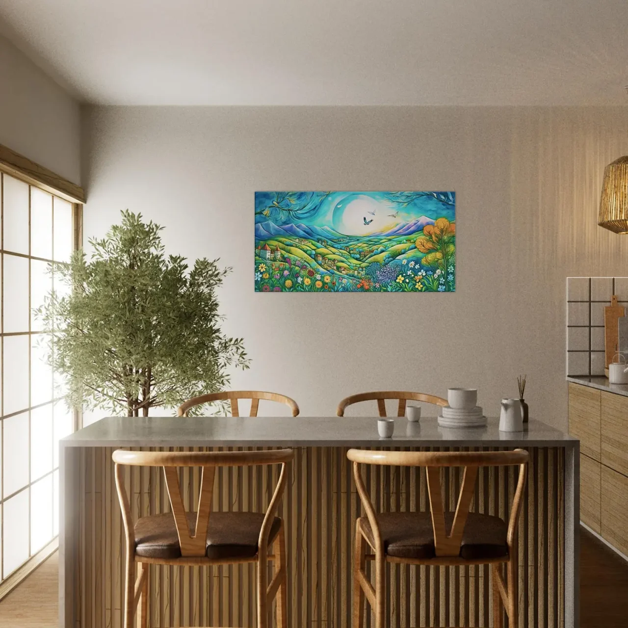 Tableau Paysage Vert et Bleu style Chagall paysage vert et bleu style chagall