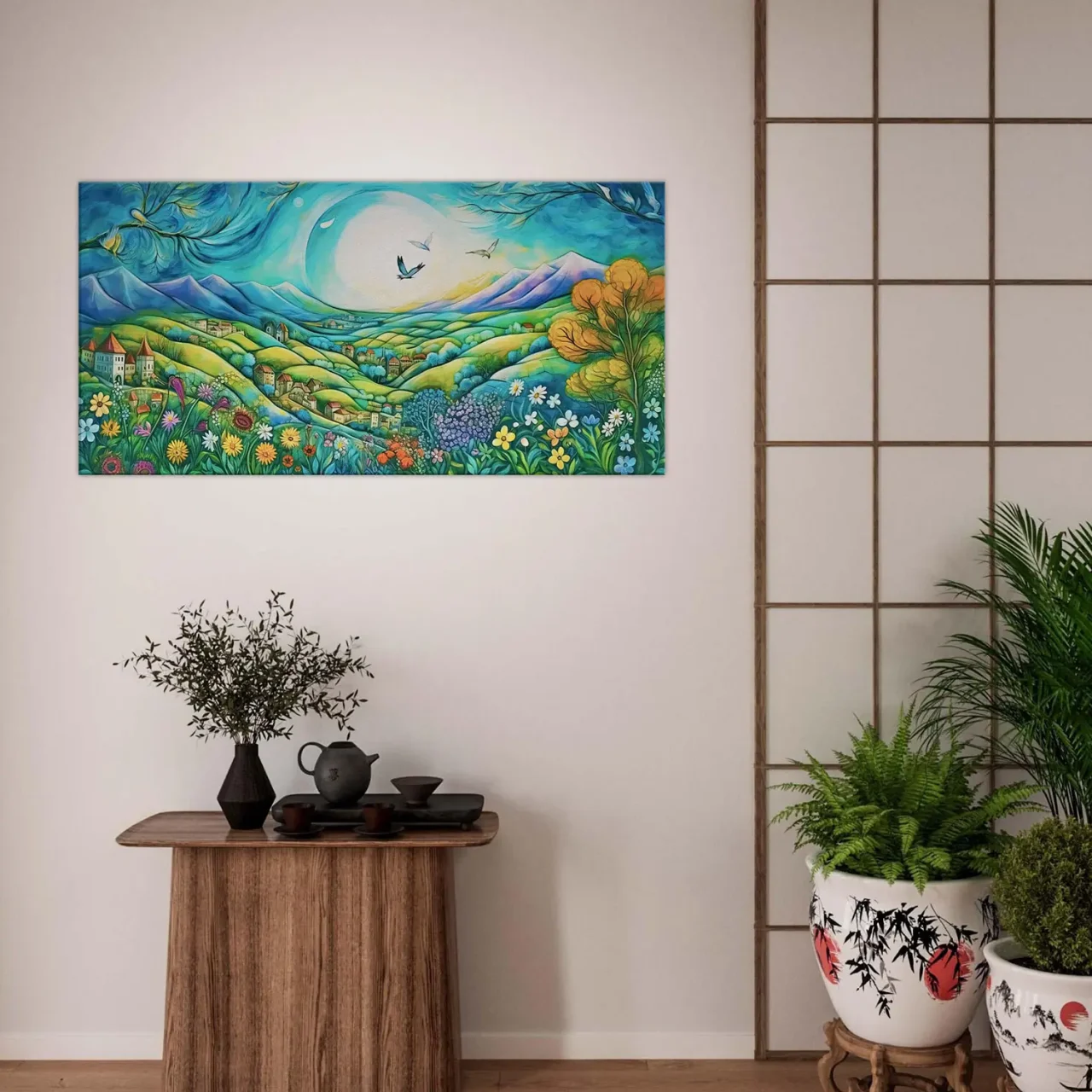 Tableau Paysage Vert et Bleu style Chagall paysage vert et bleu style chagall