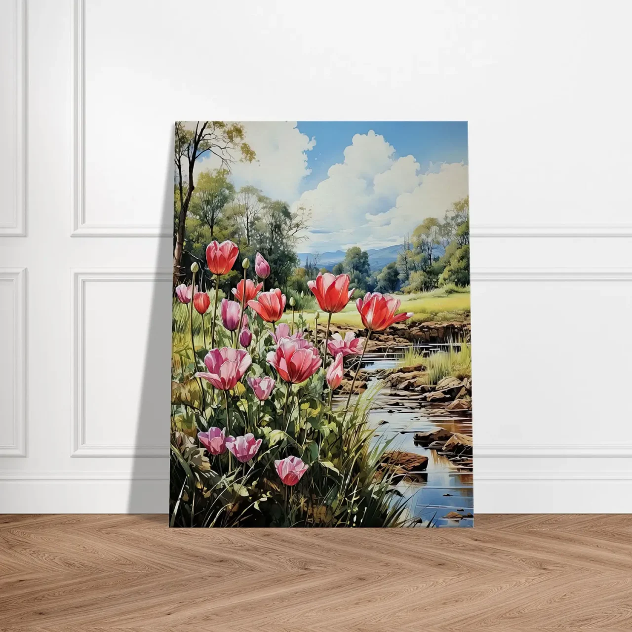 Cadre Tulipes et paysage des champs tulipes et paysage des champs