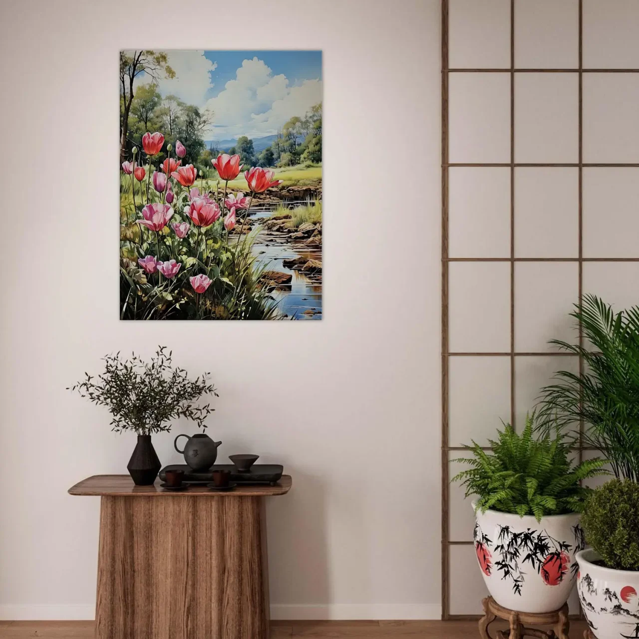 Cadre Tulipes et paysage des champs tulipes et paysage des champs