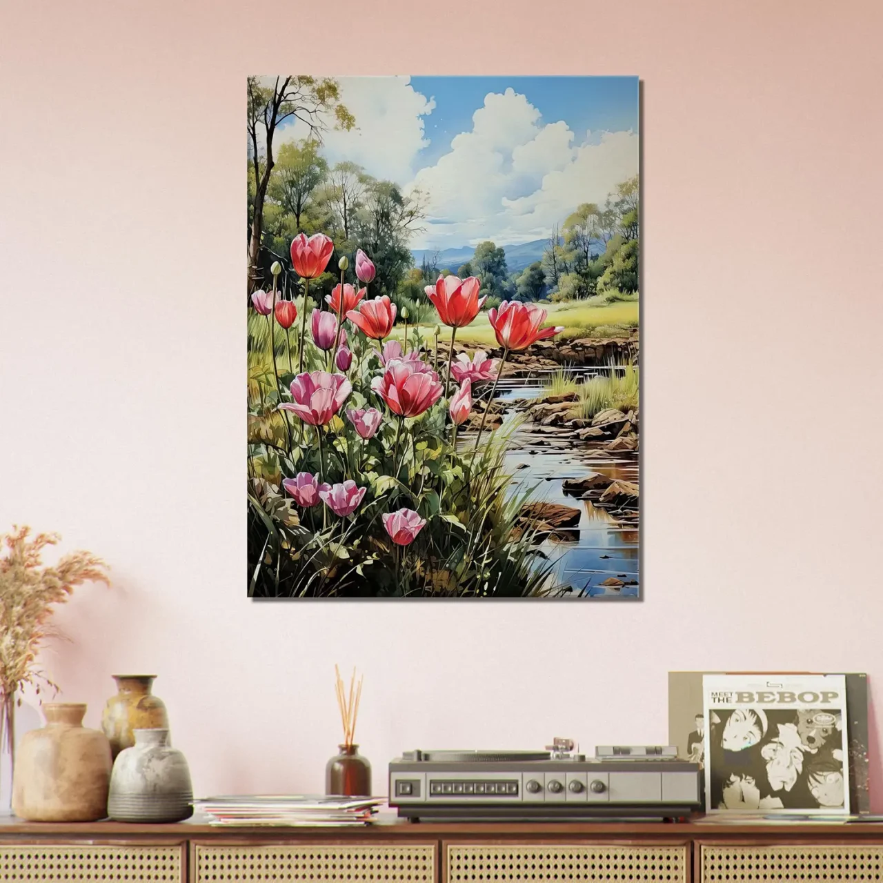 Cadre Tulipes et paysage des champs tulipes et paysage des champs