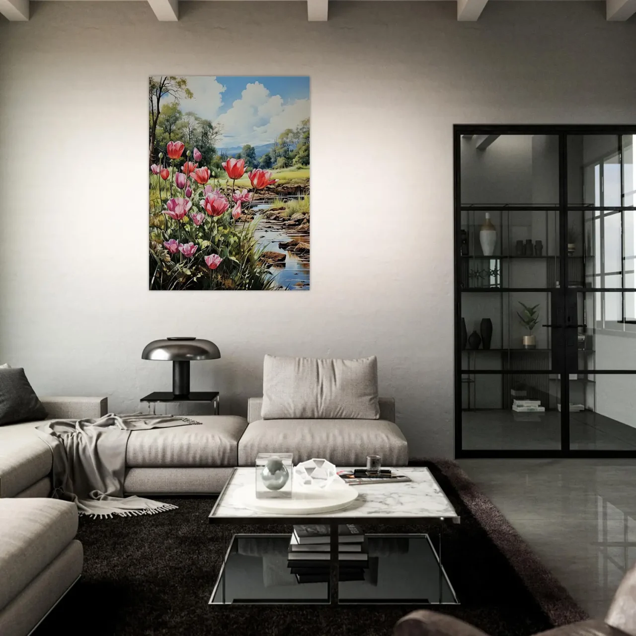 Cadre Tulipes et paysage des champs tulipes et paysage des champs