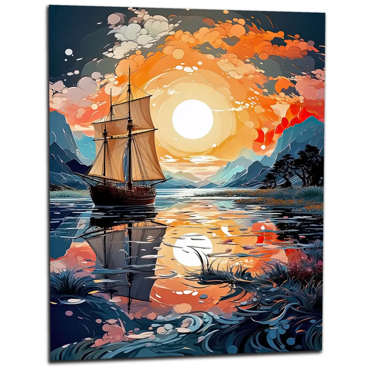 voilier sur lac au coucher du soleil