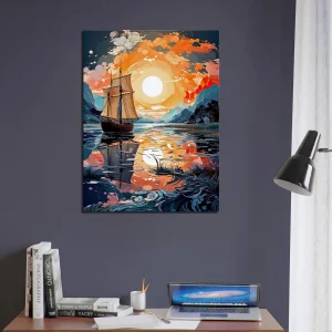 voilier sur lac au coucher du soleil