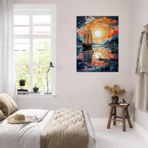 voilier sur lac au coucher du soleil