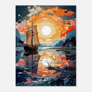 voilier sur lac au coucher du soleil