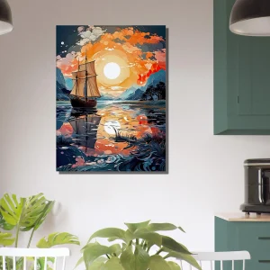 voilier sur lac au coucher du soleil