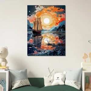 voilier sur lac au coucher du soleil