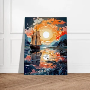 voilier sur lac au coucher du soleil