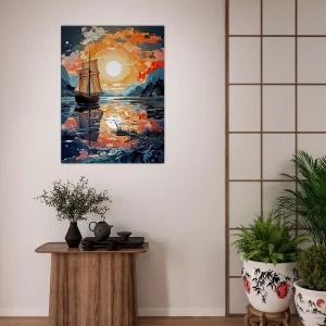 voilier sur lac au coucher du soleil