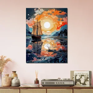 voilier sur lac au coucher du soleil