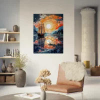 Cadre Voilier sur lac au coucher du soleil voilier sur lac au coucher du soleil