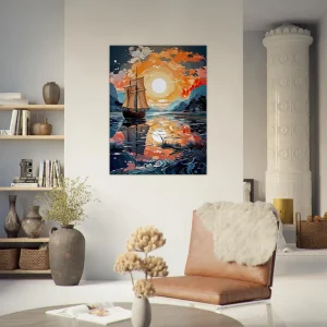 voilier sur lac au coucher du soleil