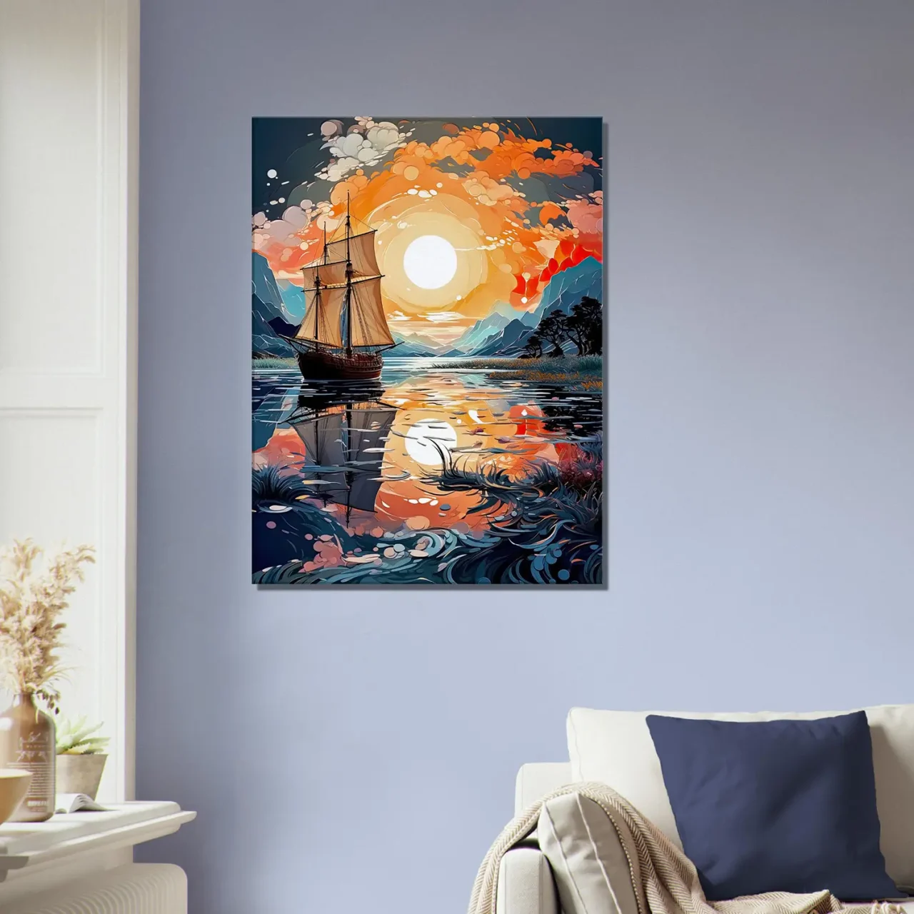 voilier sur lac au coucher du soleil