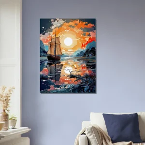 voilier sur lac au coucher du soleil