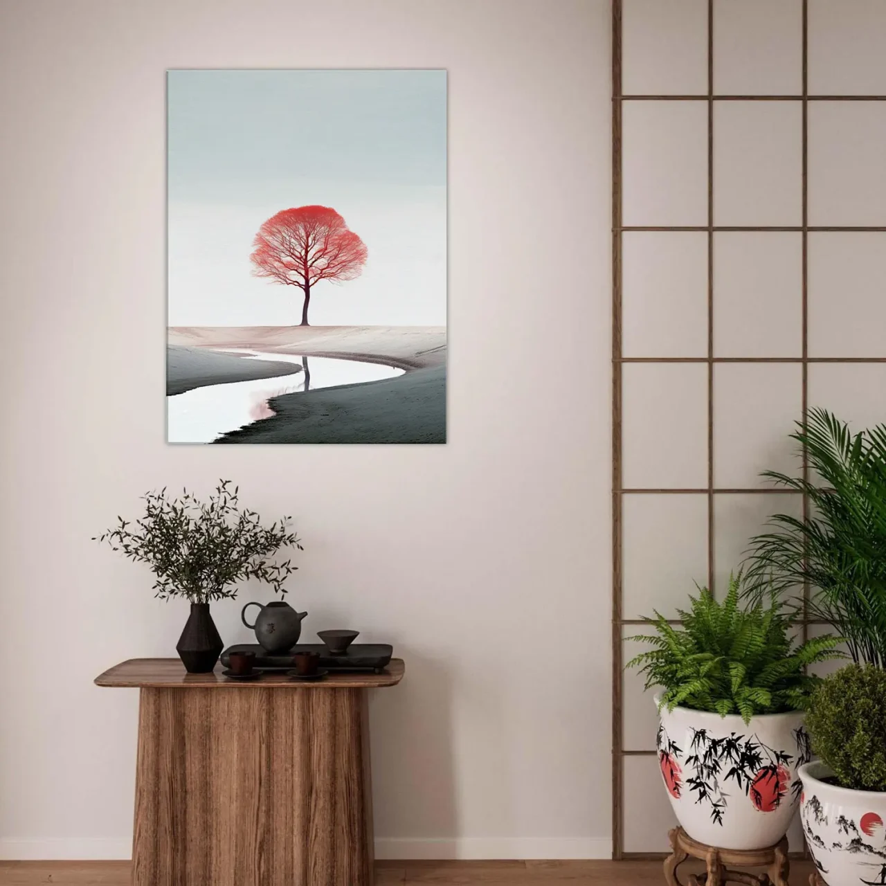 arbre rouge seul sur le sable