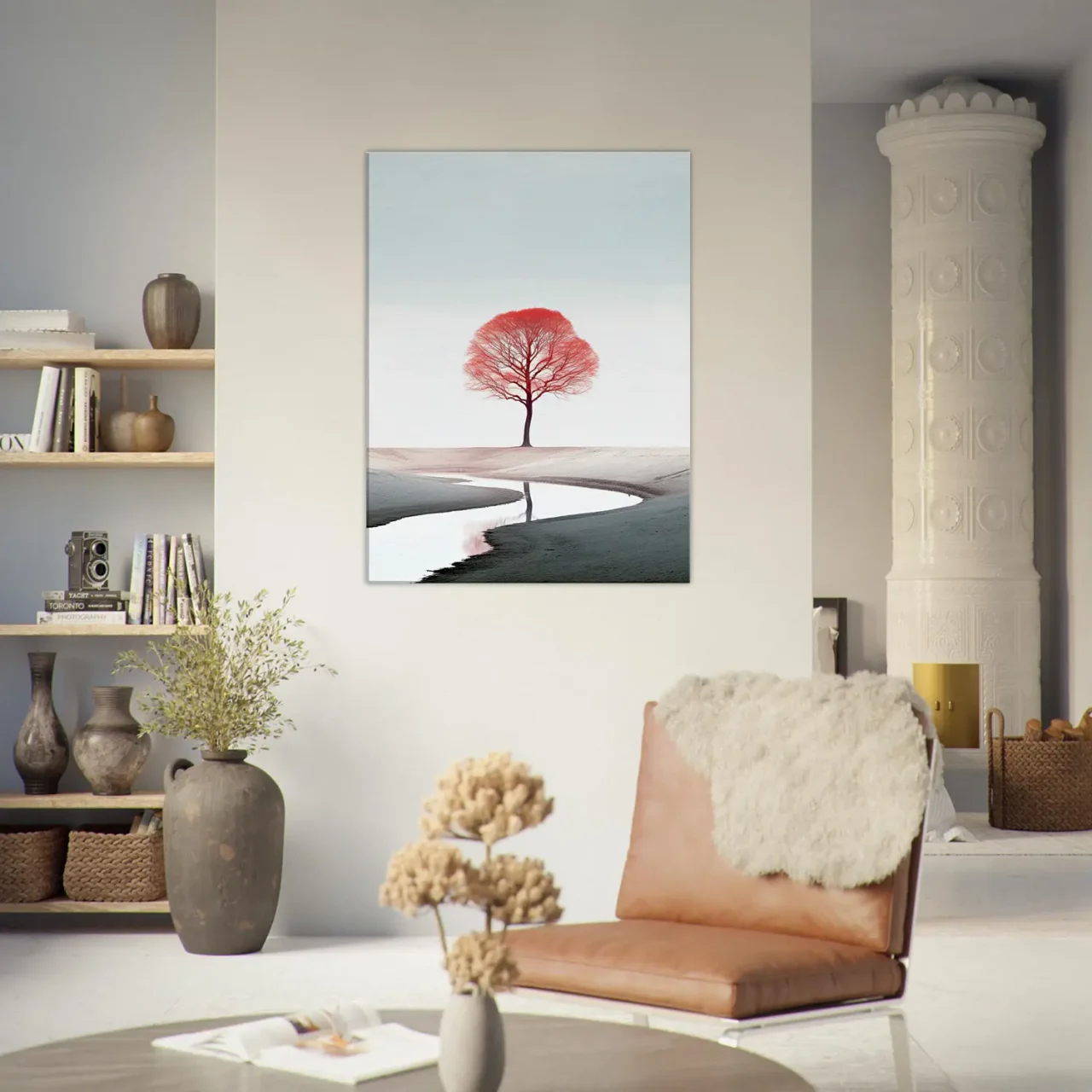 arbre rouge seul sur le sable