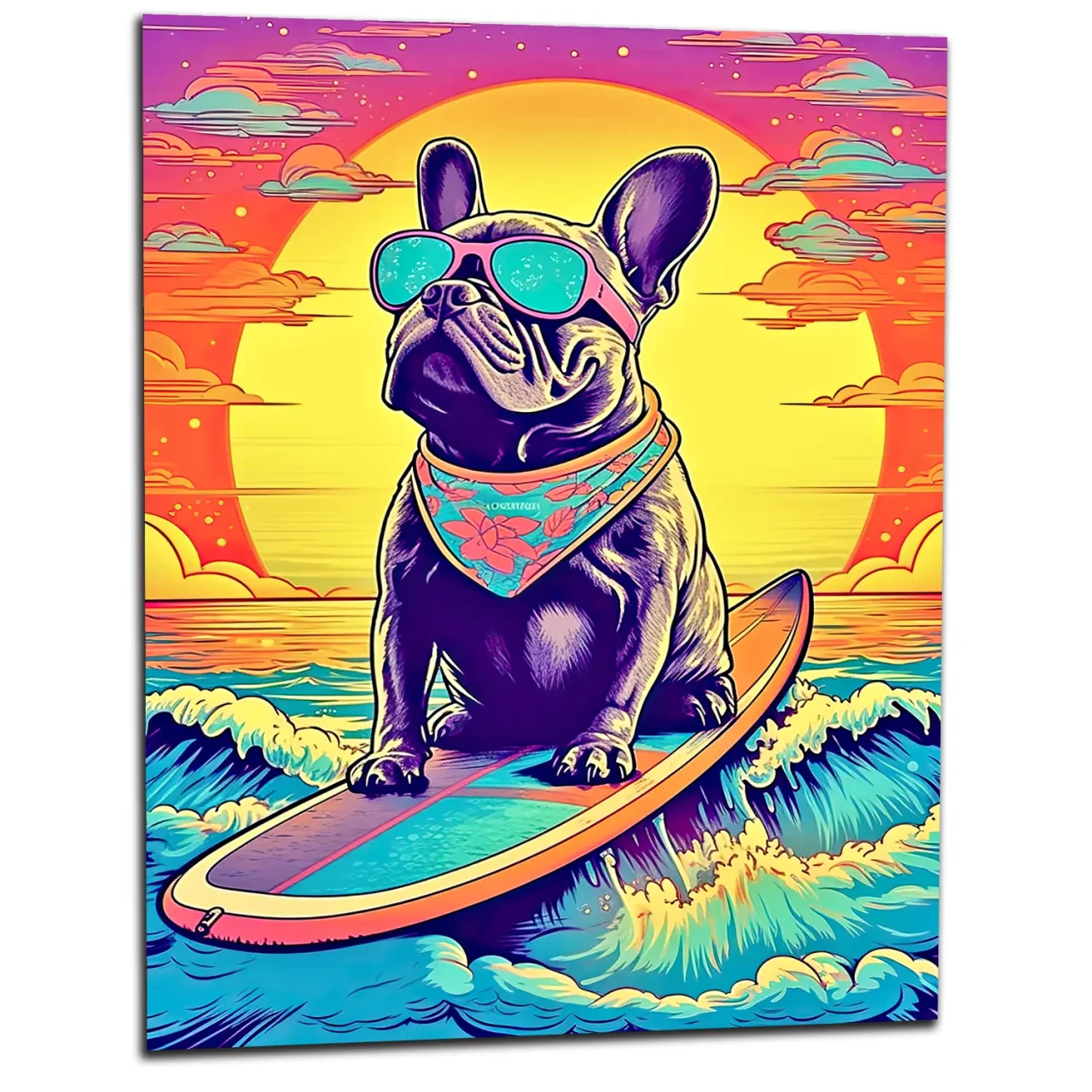 bouledogue français surfant au coucher de soleil