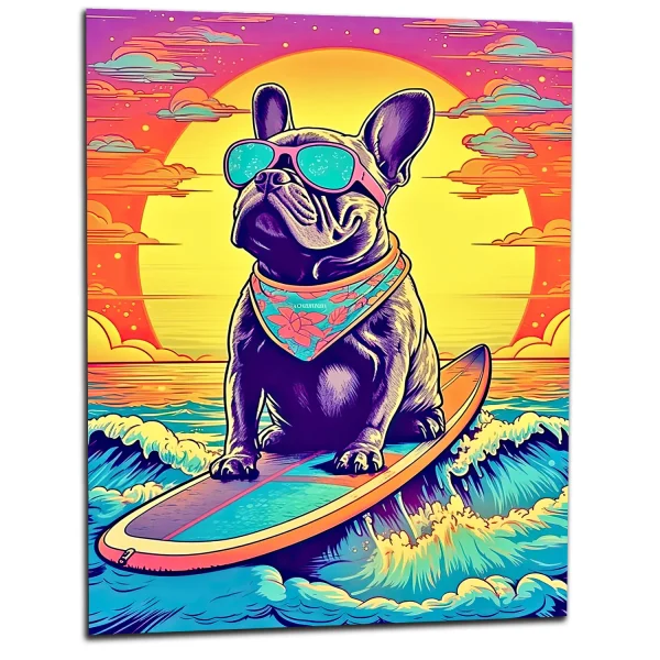 bouledogue français surfant au coucher de soleil