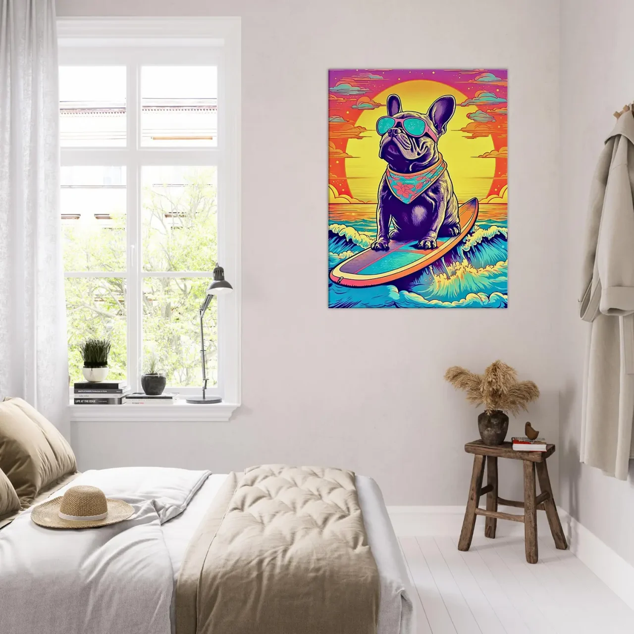 bouledogue français surfant au coucher de soleil