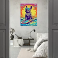 bouledogue français surfant au coucher de soleil