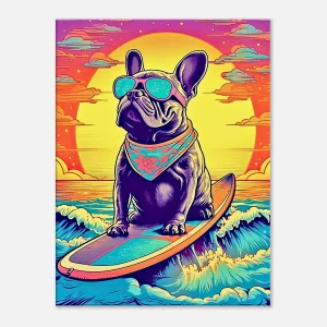 bouledogue français surfant au coucher de soleil