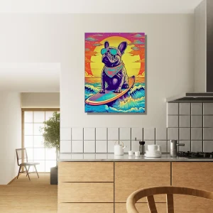 bouledogue français surfant au coucher de soleil