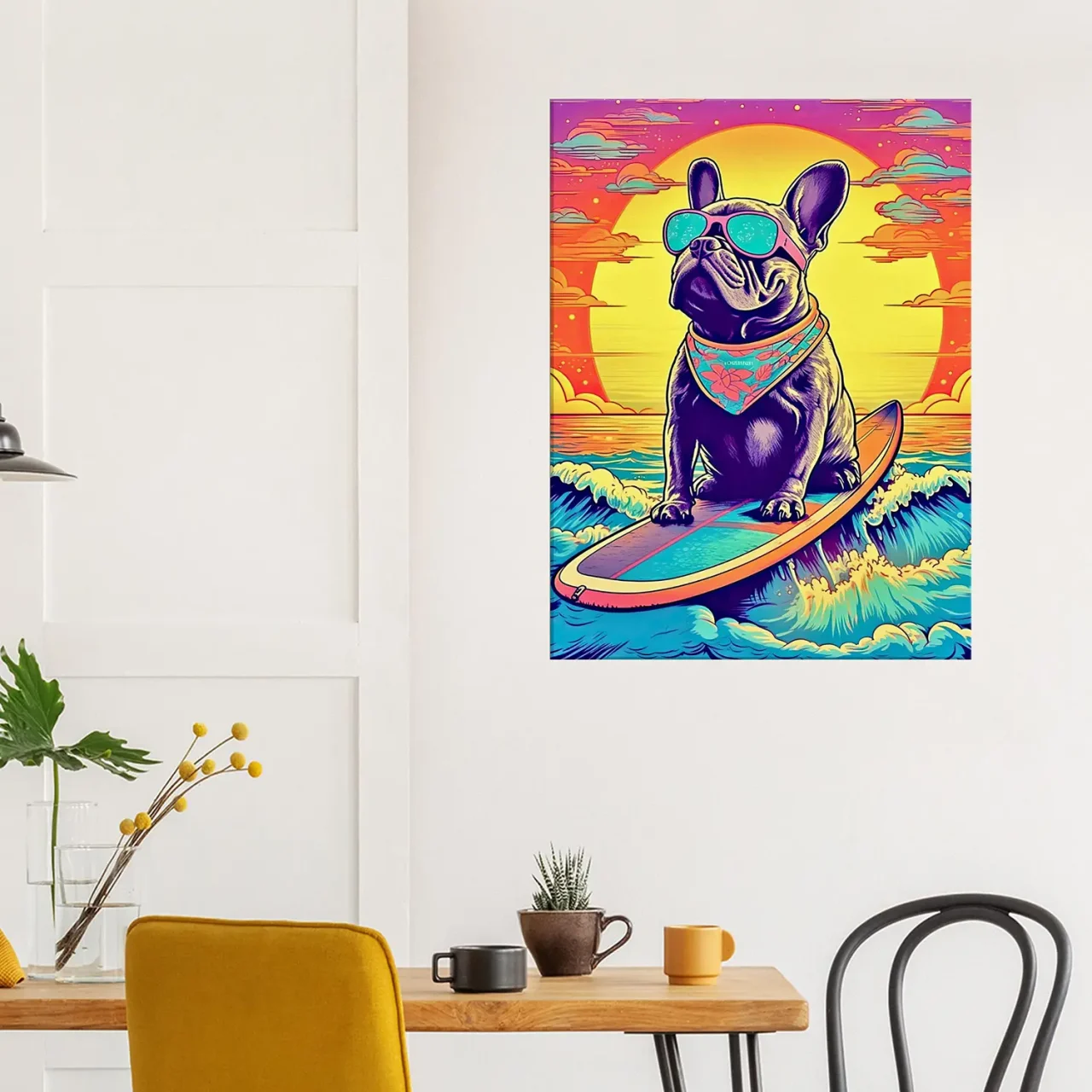 bouledogue français surfant au coucher de soleil
