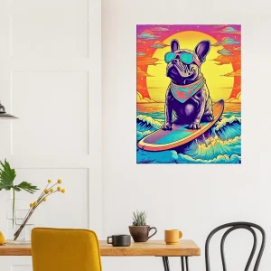 bouledogue français surfant au coucher de soleil