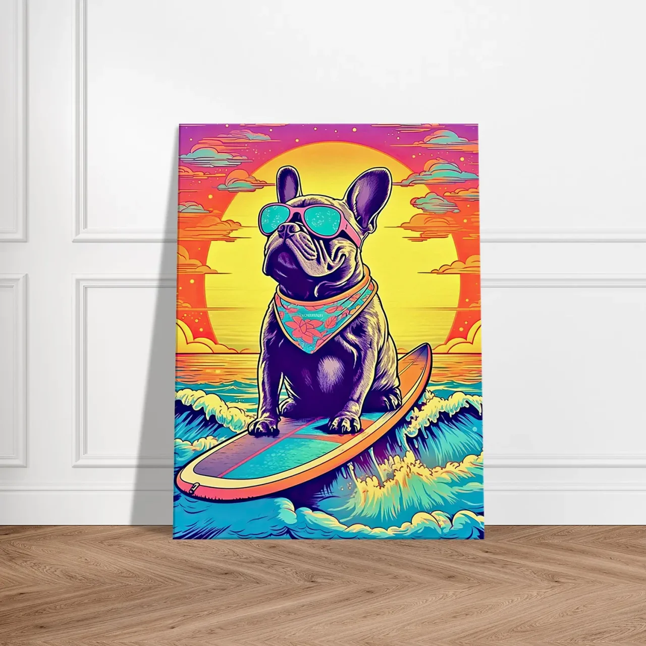 bouledogue français surfant au coucher de soleil