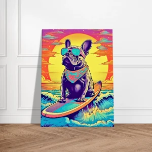 bouledogue français surfant au coucher de soleil